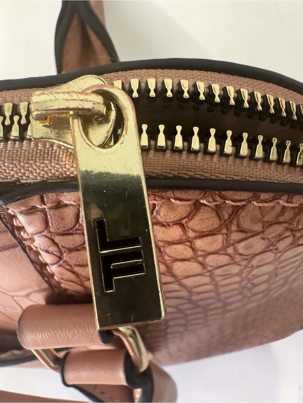 London Fog Vintage Tan/Nude Vegan Leather Croc-Embossed Satchel Gold Accents
